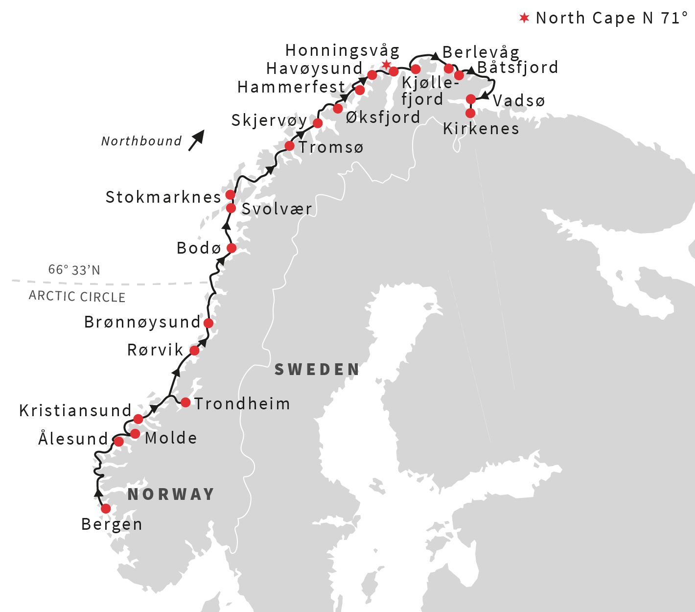 7-Day Norwegian Voyage: Northbound | Bergen to Kirkenes Itinerary Map