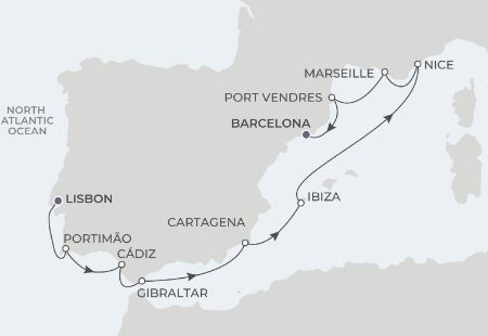 10-Night Lisbon To Barcelona 9/27/25 Itinerary Map